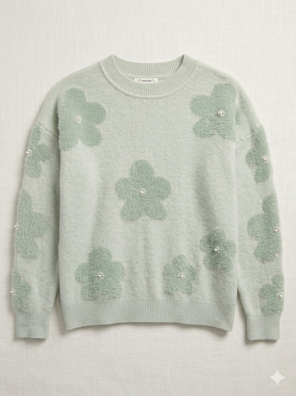 NANETTE LEPORE sage green floral pearl embellished cozy relaxed fuzzy sweater